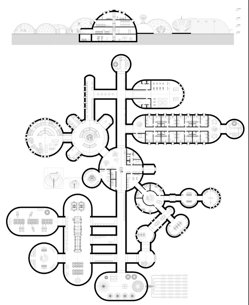 Architectural plans and sections reveal the spatial organization of residential, communal, scientific, and operational facilities.