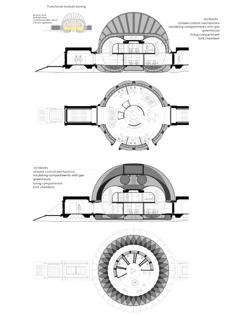 Detailed habitat section demonstrating climate control, greenhouse integration, insulation systems, and modular living environments for lunar life.