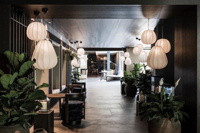 Lobby corridor with dark timber paneling, fabric pendant lamps and potted tropical plants