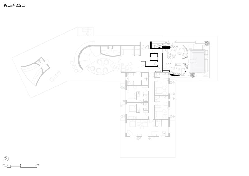 Fourth floor plan featuring rooftop terrace with trees and open gathering spaces