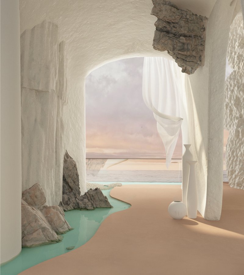 Organic cave-like interiors merge coastal landscapes with soft sustainable architecture aesthetics.
