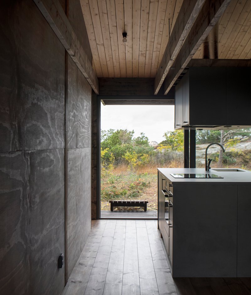 Kitchen interior with concrete cabinet walls and wood plank ceiling opening to landscape beyond