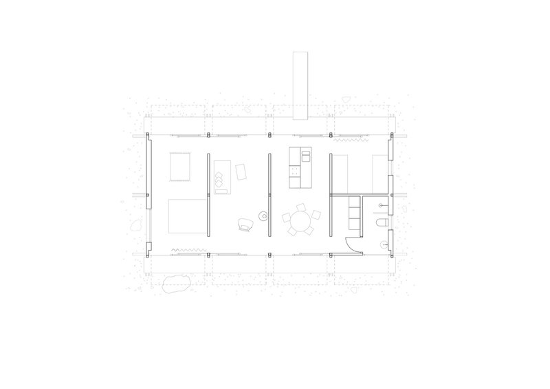 Floor plan drawing depicting an open-plan interior with central living area and bathroom core