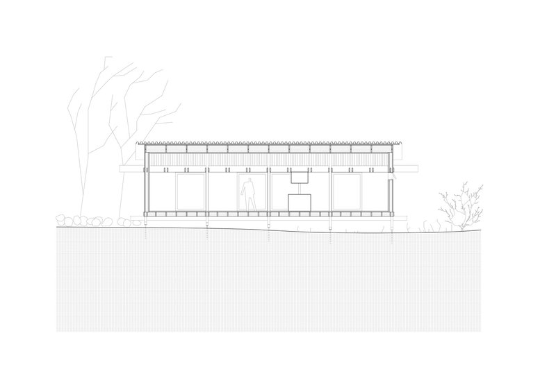 Section drawing revealing the single-story pavilion with corrugated roof set into sloping ground beside leafless trees