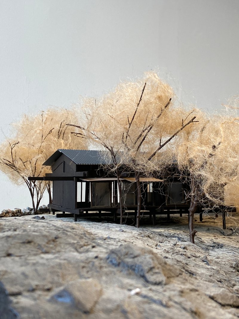 Physical model of the gabled pavilion on stilts surrounded by dried grasses and bare branches