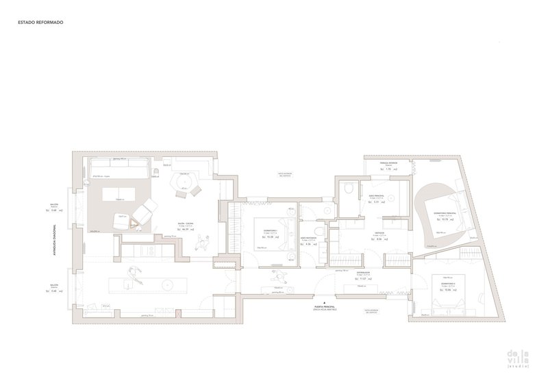 Floor plan drawing showing an apartment layout with multiple bedrooms and angled perimeter walls