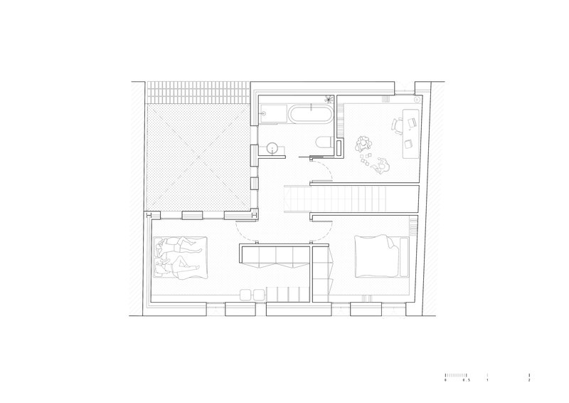 Floor plan drawing showing two bedrooms, a central staircase, a bathroom, and a terrace with hatched paving