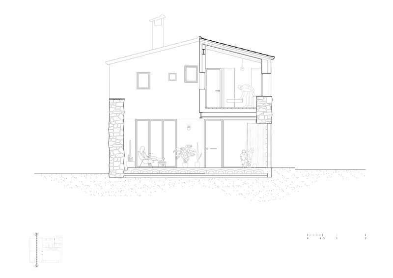 Section drawing revealing a two-story residence with a pitched roof, stone base, and figures on both levels