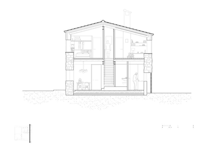 Section drawing showing a two-story interior with a central staircase, stone flanking walls, and gabled roof