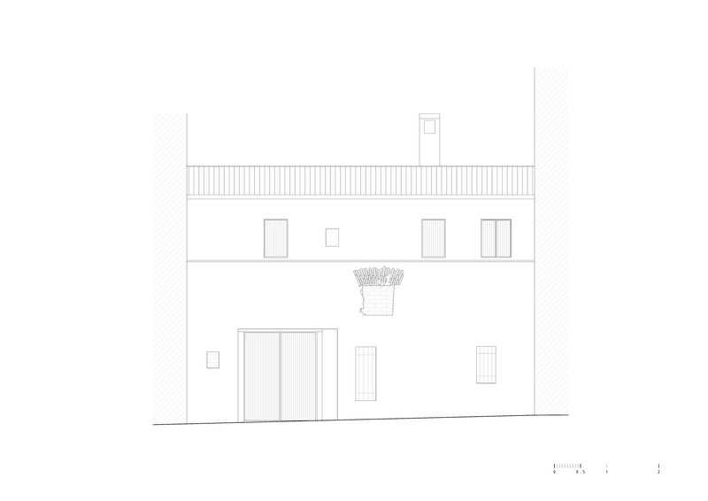 Elevation drawing of a facade with multiple windows, a rooftop planter, and adjacent building walls in hatching