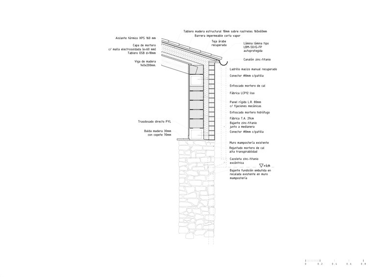 Section detail drawing of wall assembly with timber framing, insulation layers, and stone veneer base