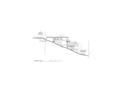 The image presents an eastern elevation drawing of a modern hillside residence. The design incorpora