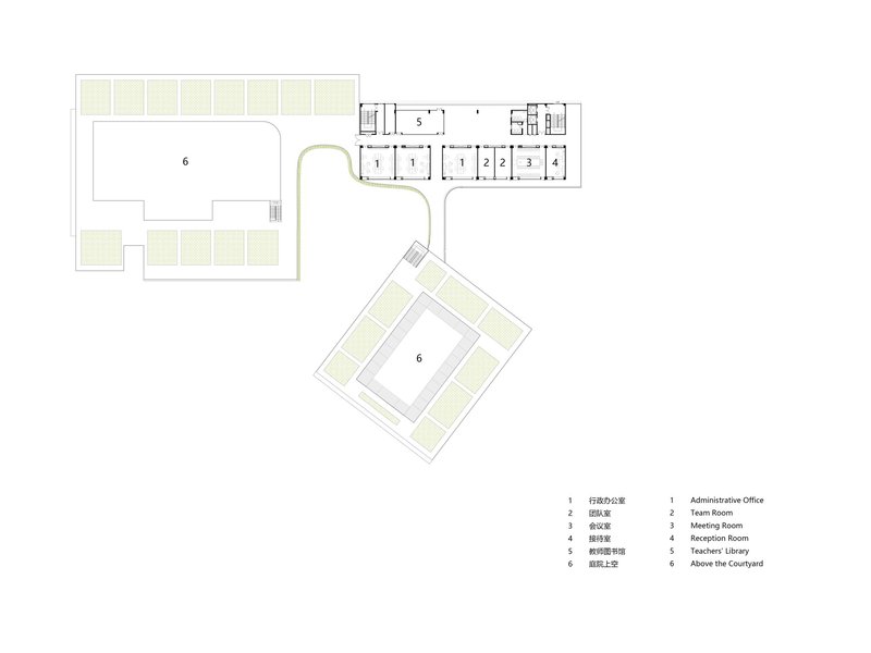 Roof plan drawing showing green roof zones and skylight openings above the classrooms