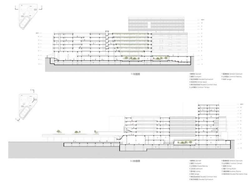 Building section drawings showing the multi-level structure with courtyards and planted terraces