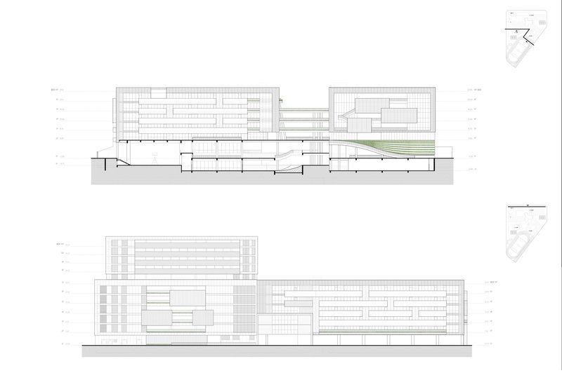 Building section and elevation drawings showing the layered facade and internal spatial organization