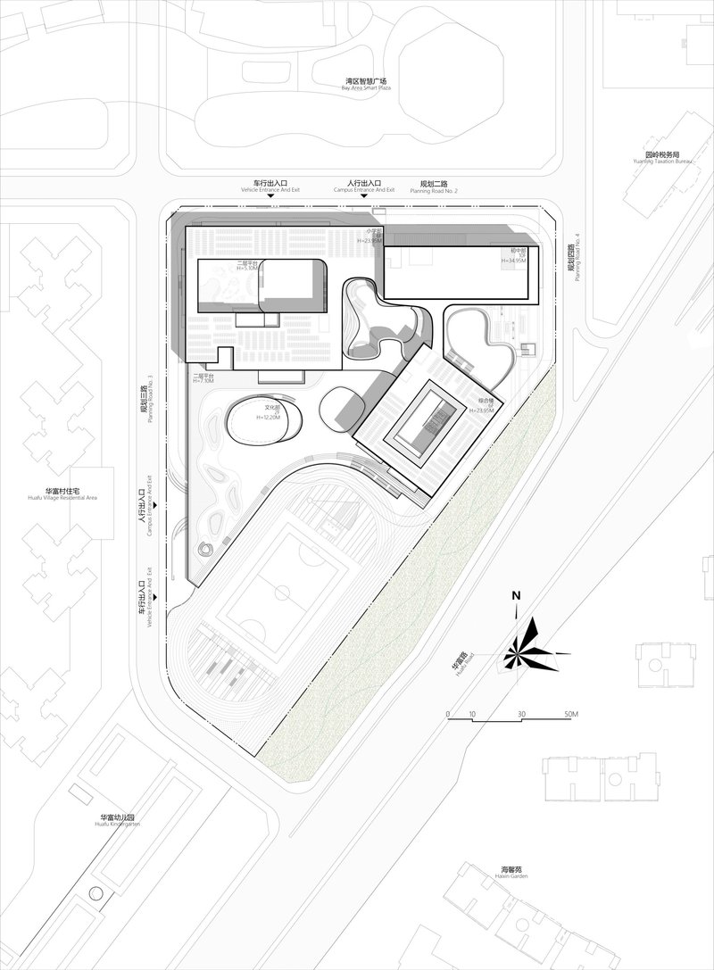 Site plan drawing showing irregularly shaped buildings around a central courtyard with surrounding streets and north arrow