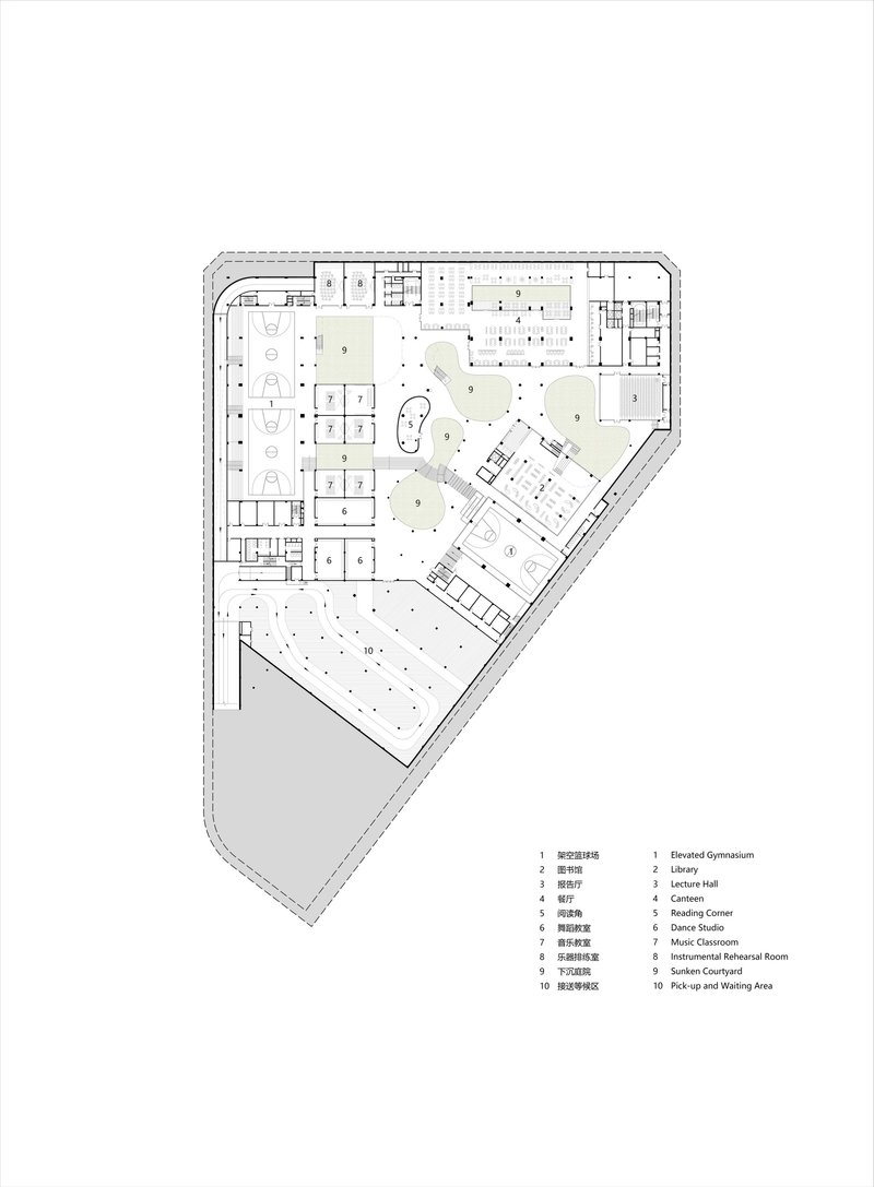Floor plan drawing of an angled building layout with classrooms, central courtyard, and triangular corner volume