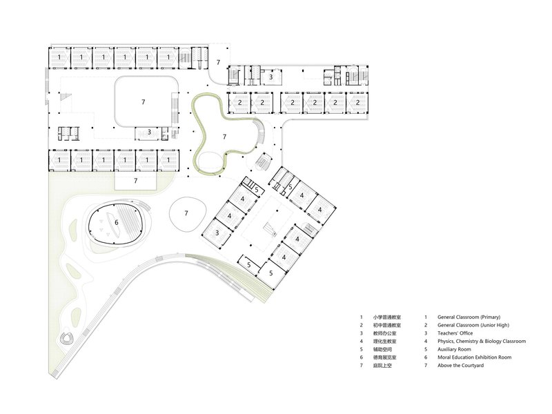 Floor plan drawing showing classrooms arranged around a curved courtyard with landscaped outdoor spaces