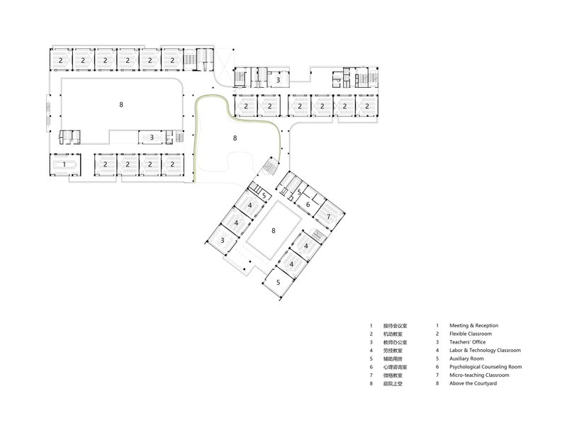 Floor plan drawing showing flexible classroom spaces organized around a central open courtyard