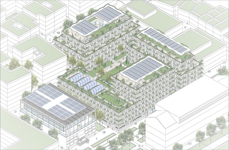 Axonometric drawing showing residential blocks with rooftop solar panels and terraced greenery in urban context