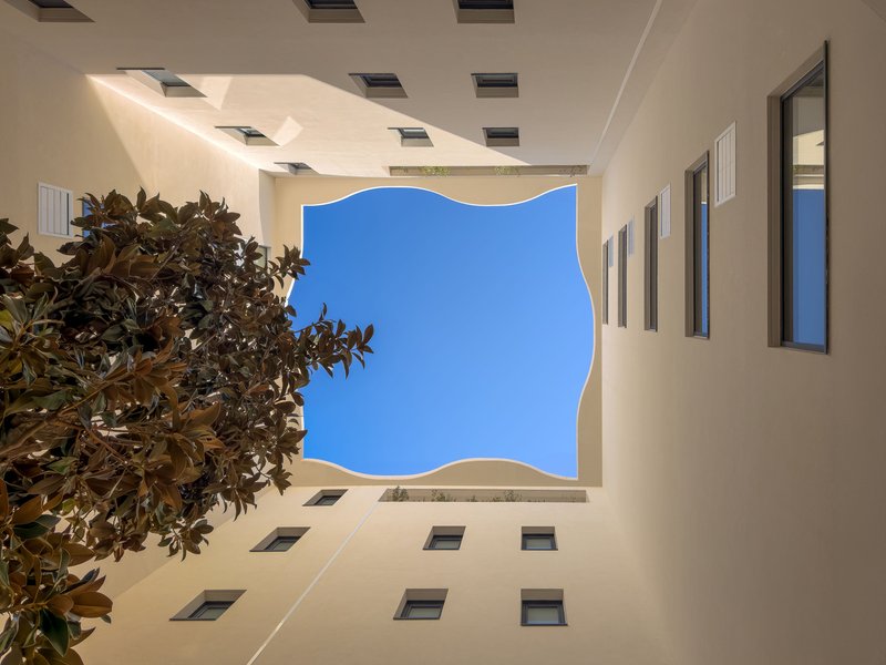 Looking up through the courtyard void with a single tree centered against blue sky