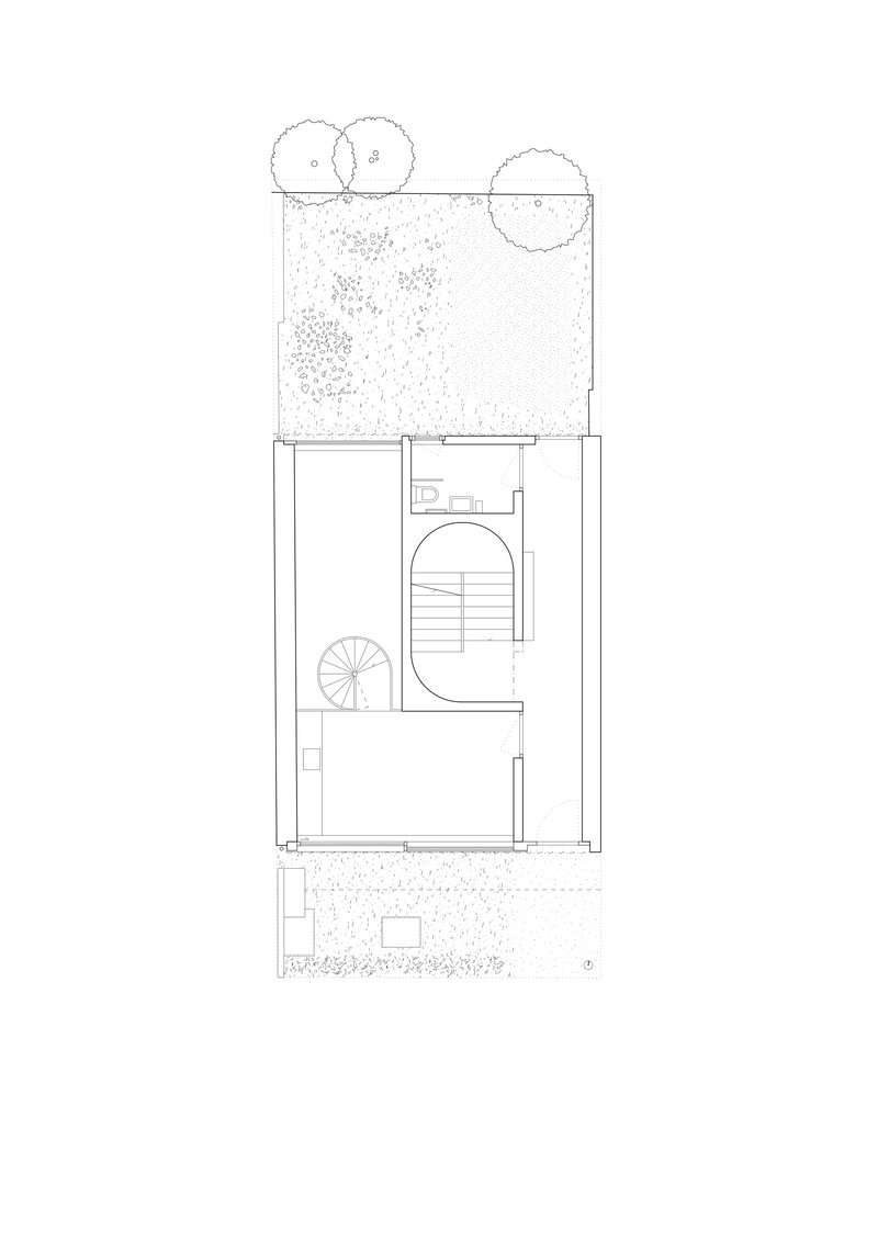 Floor plan drawing showing a rectangular volume with spiral stair and rooftop garden with trees