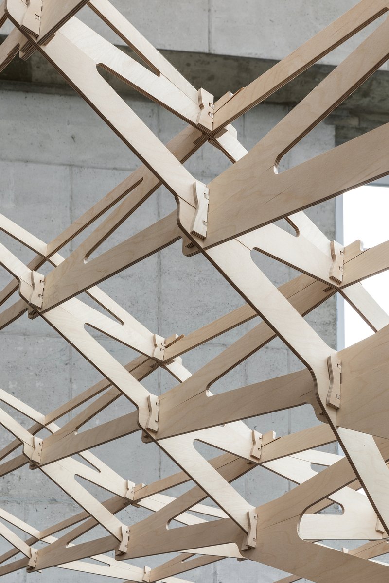 Close-up of interlocking timber beams with slotted joinery against a concrete wall in daylight