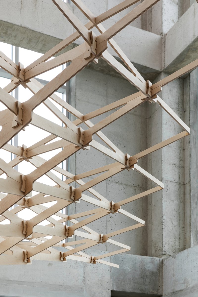 Close-up of the interlocking timber joinery connecting diagonal members in the branching lattice canopy