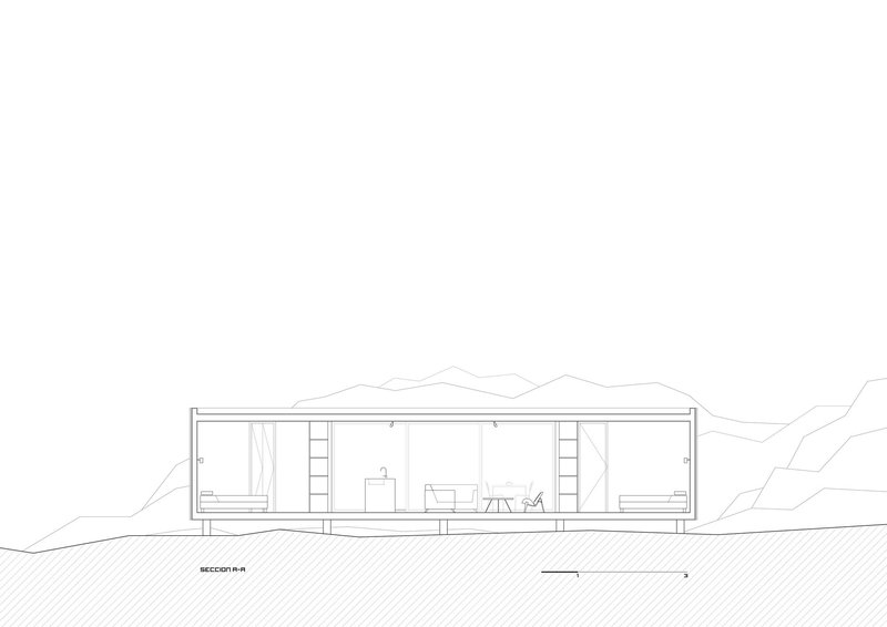 Section drawing showing single-story volume with flat roof embedded in sloping terrain