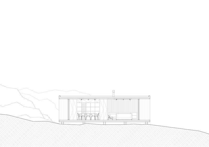 Elevation drawing showing glazed facade with deck and corrugated wall panel against hillside contours