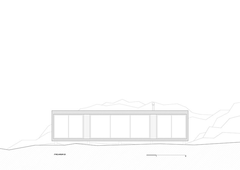 Elevation drawing showing long glazed facade with vertical corrugated cladding and chimney element
