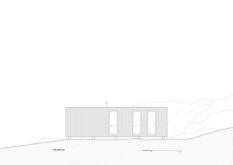 Elevation drawing showing a linear volume with vertical cladding and three glazed openings on sloped terrain
