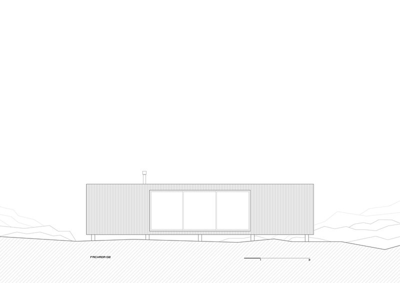 Elevation drawing depicting the ribbed facade with large central glazing and contoured landscape below