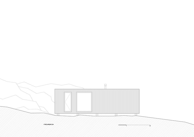 Elevation drawing of the corrugated exterior with offset window openings against rolling topography