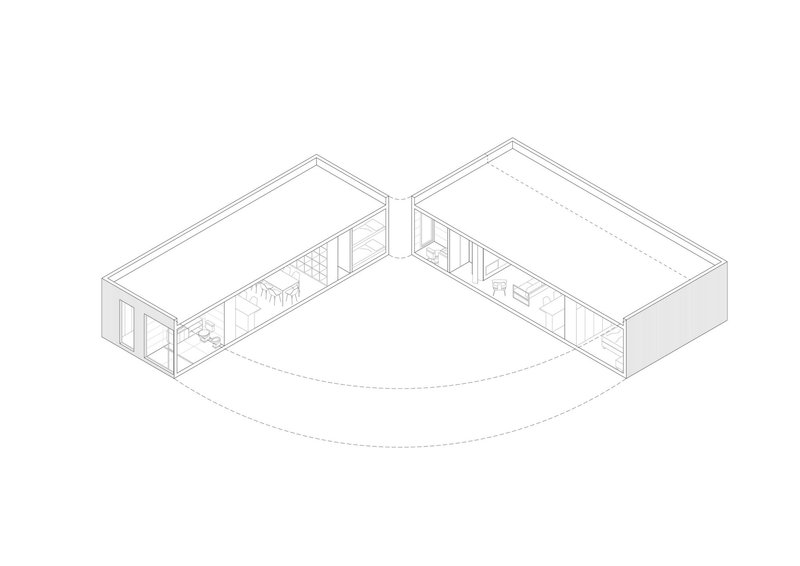 Isometric drawing showing the L-shaped plan with furnishings visible through cutaway walls