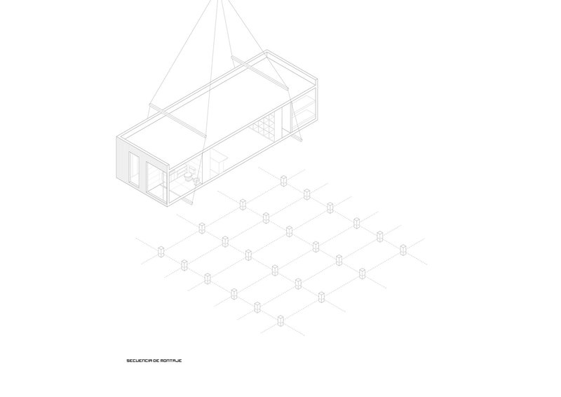 Isometric drawing showing a rectangular volume with suspended cable rigging above a foundation grid
