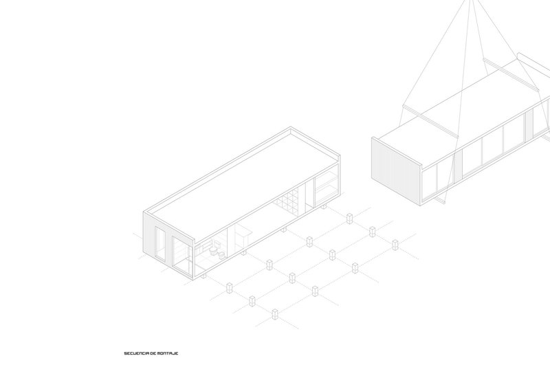 Isometric drawing showing two rectangular volumes with one being lifted by cable rigging