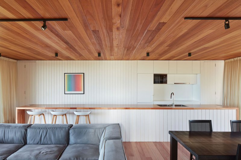Living area with vertical-panelled kitchen wall beneath a radiating timber ceiling with black track rails