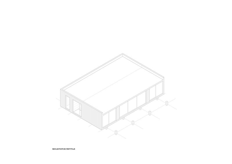 Isometric drawing showing a rectangular volume with glazed facades on two elevations