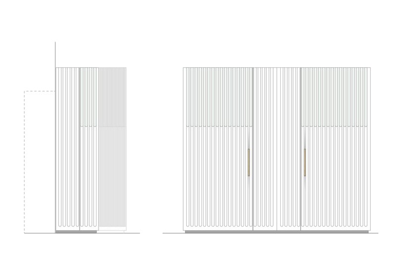 Elevation drawing showing vertical ribbed panels of confessional booth in closed and open configurations