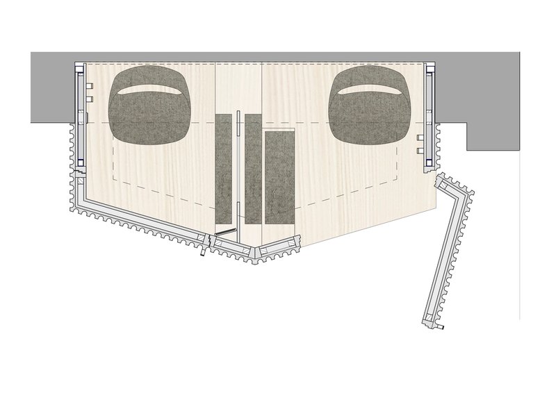Floor plan drawing with axonometric detail of the confessional booth structure and stepped threshold
