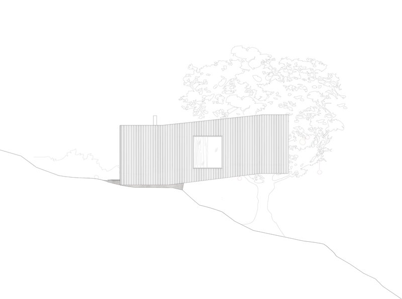 Elevation drawing showing the vertically clad volume on a sloped terrain with a tree
