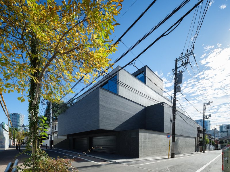 Corner view of the brick volume from the street with mature tree and overhead power lines