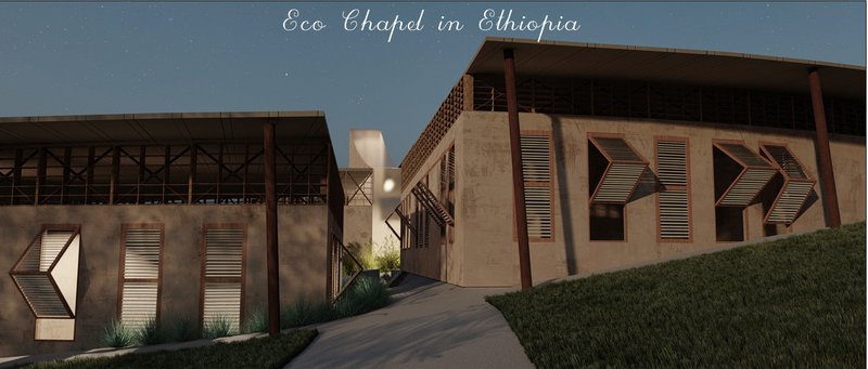 Night view highlighting the chapel complex and community buildings arranged around the spiritual core.