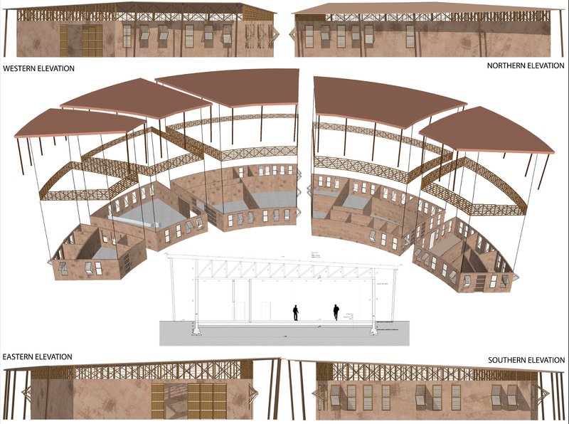 Architectural elevations and exploded axonometric diagrams reveal the structure's circular design strategy.