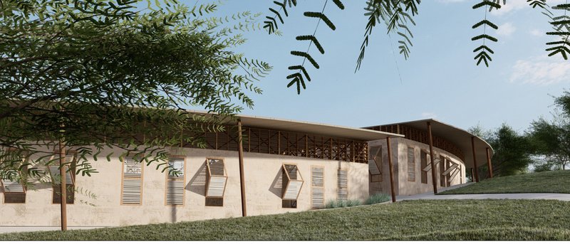 Semi-circular community buildings integrate seamlessly with Ethiopia's natural landscape and terrain.