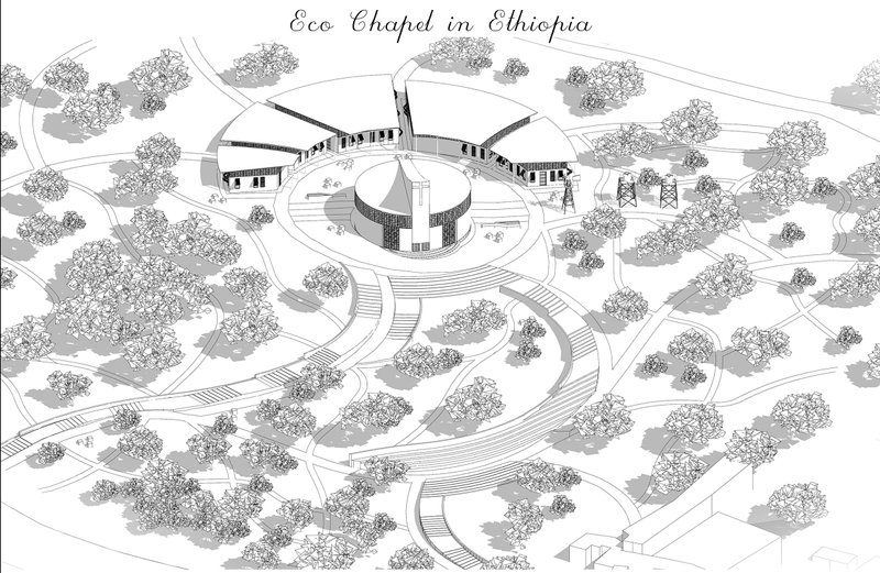 Aerial perspective illustrating the Green Circle masterplan focused on reforestation and ecological regeneration.