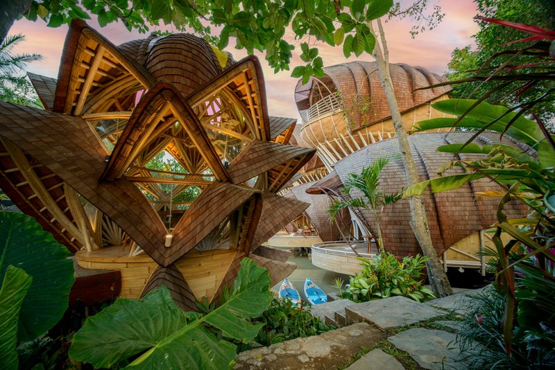 Timber lattice structure framing views of bulbous shingled volumes through dense tropical planting at dusk