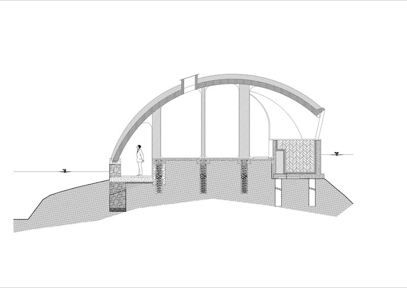 Section drawing with a human figure shown standing on the elevated platform beneath the arched canopy