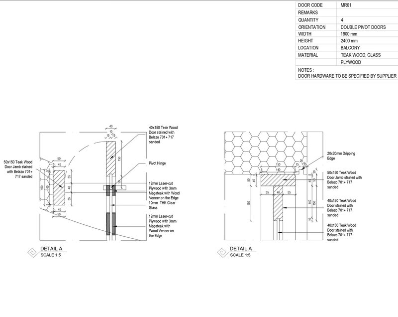 Detail section drawings showing teak wood pivot door assembly with glass and plywood layers